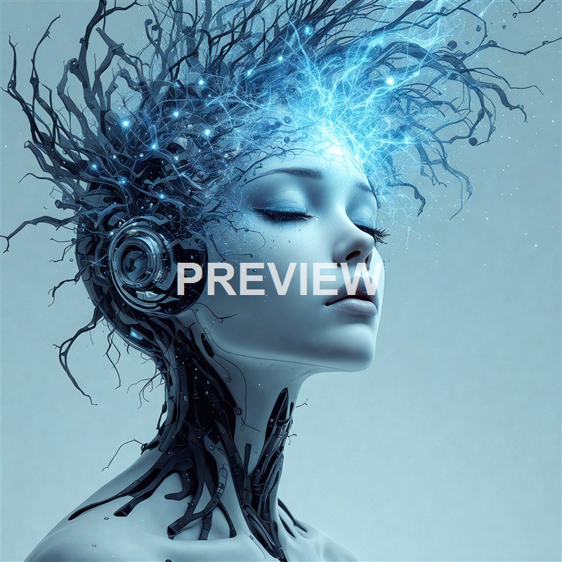 A futuristic, cybernetic female humanoid with closed eyes, featuring a head composed of intricate circuitry, wires, and glowing blue energy, blending human and machine elements.
